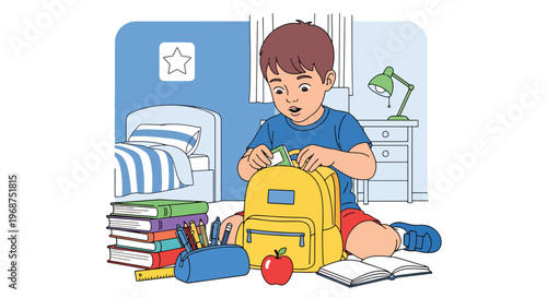 Flat style vector illustration of children organizing school supplies and backpacks, preparing for study and back to school season with education readiness concept