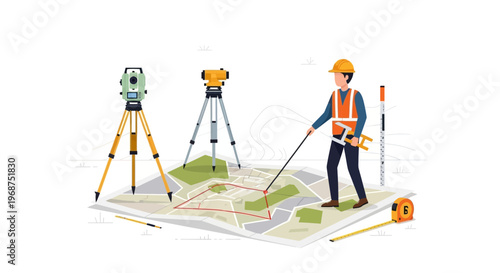 Surveyor With Theodolite Equipment On Map Illustrating Land Measurement