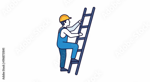 A construction worker in blue overalls climbs a ladder as part of the workforce engaged in manual labor.