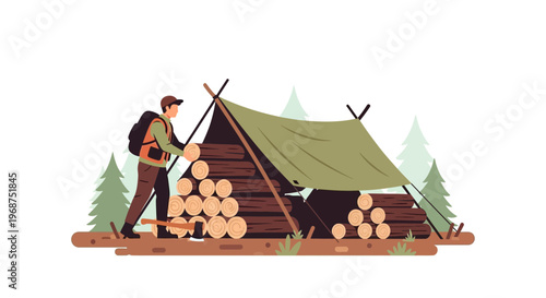 Survivalist Prepares Shelter With Stacked Wood And Tent In Forest Setting