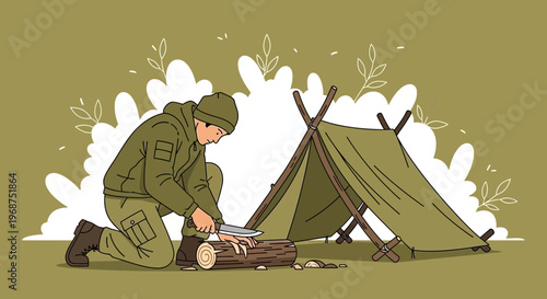 Survivalist Preparing Wood Next To Wilderness Tent