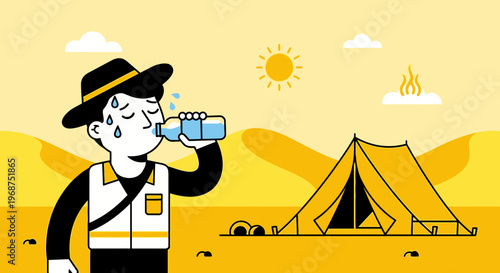 Thirsty Camper Seeks Refreshment Under Intense Desert Sun