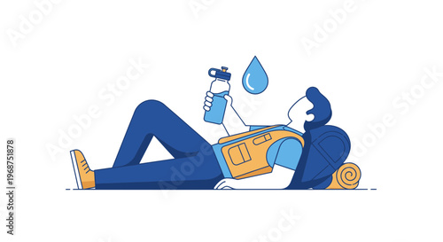 Thirsty Hiker Resting And Hydrating After Trekking Under The Sun
