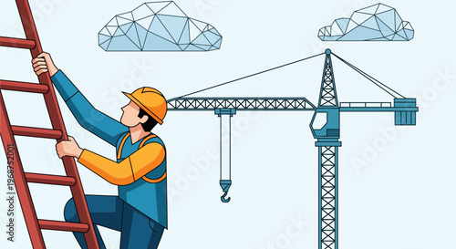 A construction worker climbs a ladder with a crane in the background as part of the workforce engaged in labor.