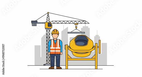 A construction worker in a hard hat and safety vest stands beside a cement mixer and crane on a construction site with a cityscape background workforce labor.