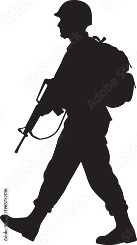 Soldier walking silhouette illustration, vector, marching, army, rifle, carrying backpack