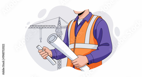 A construction worker reviews plans on a site with labor workforce.