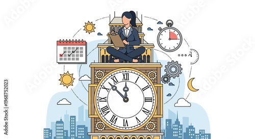 Time Management And Productivity Concept Illustrated With Business Woman On Clock Tower