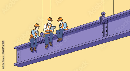 Construction workers from the labor workforce take a break on a steel girder beam