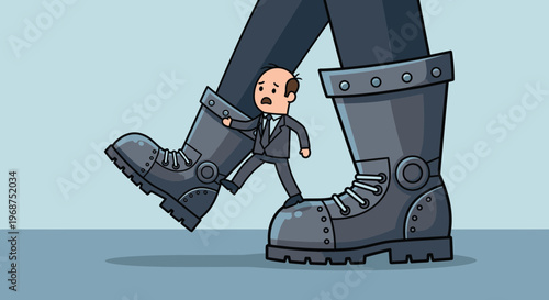 Tiny Businessman Navigates Enormous Boots Symbolizing Corporate Overwhelm And Difficult Challenges