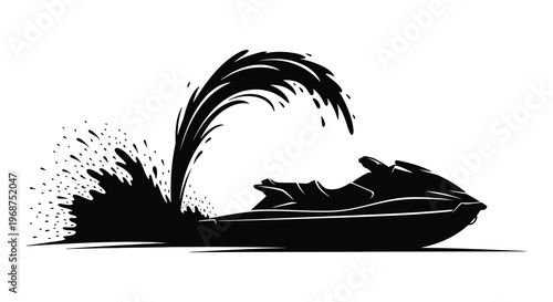 A dynamic jet ski speeds through water creating a dramatic splash effect rendered as a striking silhouette high quality professional detailed