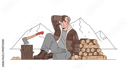 Tired Lumberjack Resting After Chopping Wood Amidst Mountain Scenery