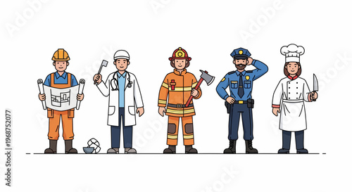 A construction worker laboring with a workforce team including a doctor, firefighter, police officer, and chef.