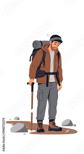 Tired Hiker With Broken Trekking Pole Facing Adversity On Rocky Terrain
