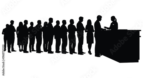 A long queue of people waiting at a reception desk depicted in a striking black silhouette high quality professional detailed modern