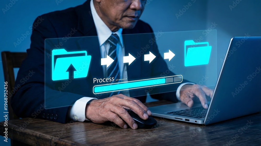 Fototapeta premium Digital data transfer process, a businessman managing file upload and download, secure cloud computing and network operations, efficient data management and digital transformation.