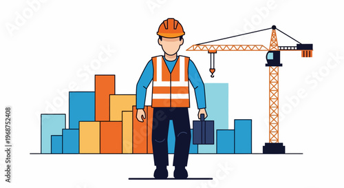 A construction worker in an orange vest stands in front of a cityscape with a crane and workforce engaged in labor.