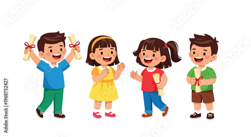 Flat style vector illustration of children celebrating learning achievement with certificates, smiling students showing success and motivation in education concept