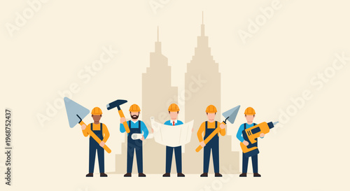 Construction workers labor on a building site with a skilled workforce