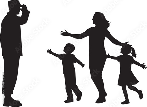 Vector silhouette illustration of a military family reunion happy with children greeting father