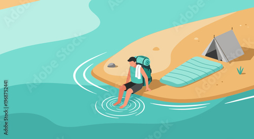 Tranquil Riverside Camping Scene With A Solo Traveler Refreshing By The Water