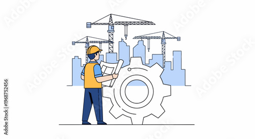 A construction worker reviews plans on a bustling site with labor workforce.