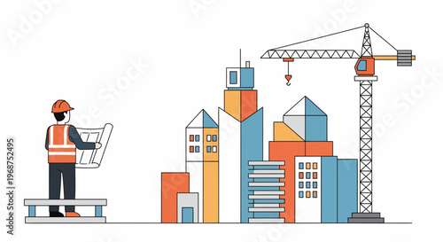 A construction worker reviews plans on a scaffold beside a city skyline with a crane, showcasing labor and workforce in action.