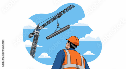 A construction worker in an orange vest looks up at a crane lifting heavy loads with the workforce engaged in labor.