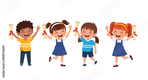 Flat style vector illustration of children celebrating learning achievement with certificates, smiling students showing success and motivation in education concept