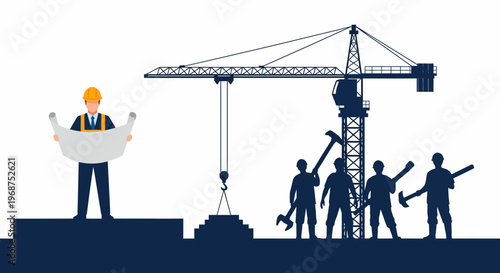 Construction worker leads labor workforce on site with crane and tools