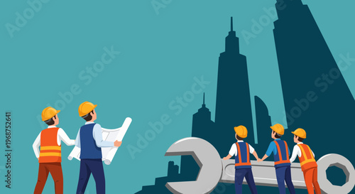 A construction worker leads the workforce labor on a city construction site with a large wrench and plans.