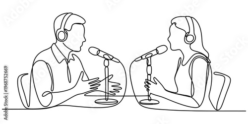 A minimalist single line drawing illustration of a man and woman recording a podcast interview Vector, illustration