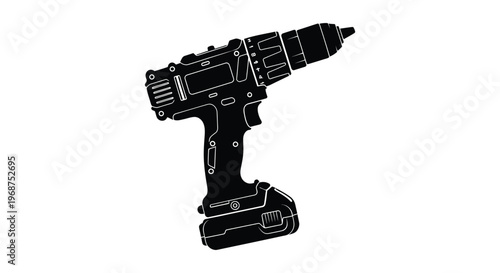 A stark black silhouette depicts a modern cordless power drill showcasing its design and functionality silhouette high quality professional detailed elegant