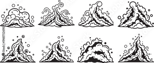 A sequence of black and white line drawings showing a cat's playful antics Vector