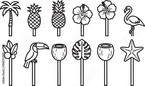 Simple line drawings of various flowers and vases in black and white Vector