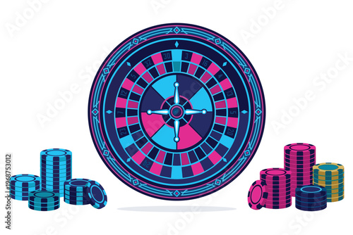 Flat design casino roulette wheel surrounded by stacks of colorful gaming betting chips.