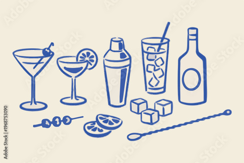 Blue Hand Drawn Cocktail Bar Icons on Cream Background Keywords: cocktail, martini glass, shaker