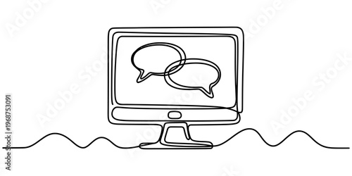 A single continuous line drawing of a computer monitor displaying two overlapping speech bubbles. Vector, illustration
