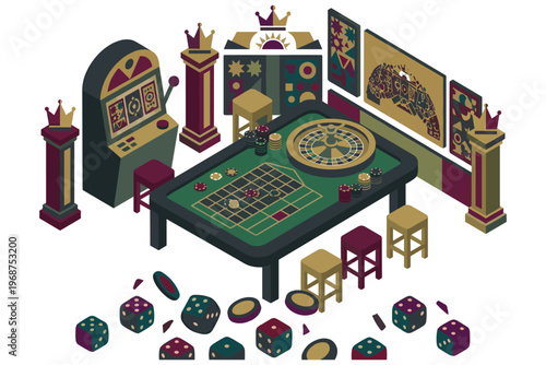 Isometric casino games set. slot machine, roulette, dice, cards, chips, crown, jackpot.