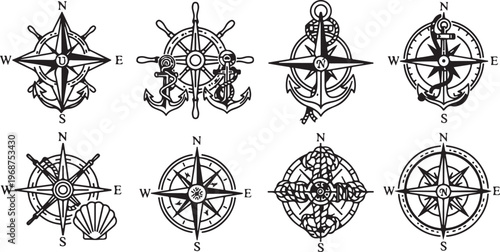 Illustrative diagrams of compass rose patterns and geometric designs Vector