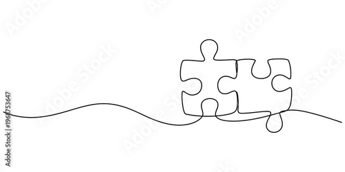 A single continuous line drawing of two jigsaw puzzle pieces connecting together on a white background Vector, illustration
