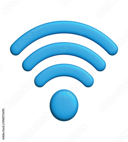 Blue 3D wifi icon with rounded glossy texture, wireless internet signal symbol, modern network connectivity emblem for technology interface design