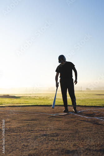 Slika na platnu Male batter standing at home plate holding bat dawn causing sports HUD marking s