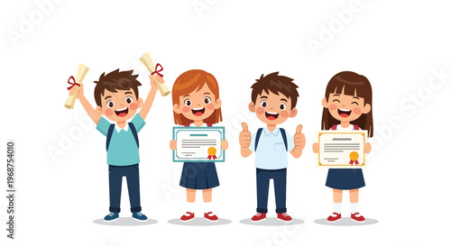 Flat style vector illustration of children celebrating learning achievement with certificates, smiling students showing success and motivation in education concept