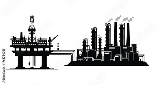 An industrial complex featuring an oil rig and refinery depicted in a striking black silhouette high quality professional detailed modern elegant