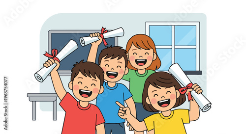 Flat style vector illustration of children celebrating learning achievement with certificates, smiling students showing success and motivation in education concept