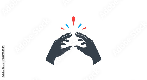 Hands forming a megaphone with colorful exclamation marks.