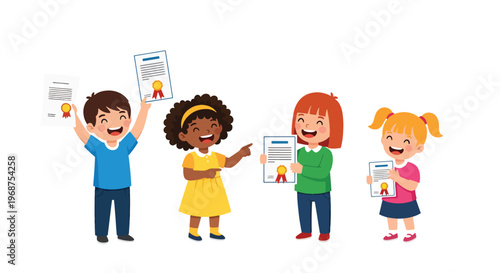 Flat style vector illustration of children celebrating learning achievement with certificates, smiling students showing success and motivation in education concept