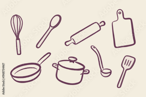 Hand Drawn Purple Kitchen Utensil Illustrations on Beige Background