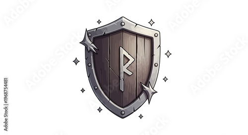 A shield with a silver rune on wood.